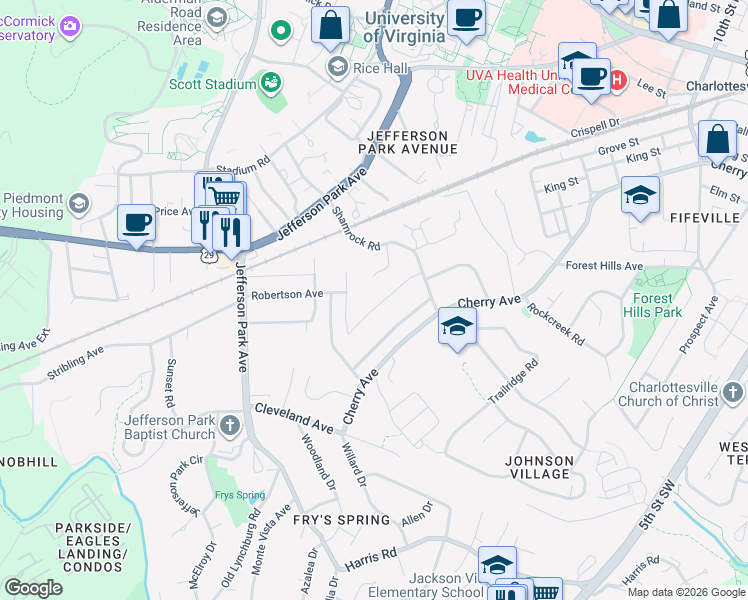 map of restaurants, bars, coffee shops, grocery stores, and more near 1638 Center Avenue in Charlottesville