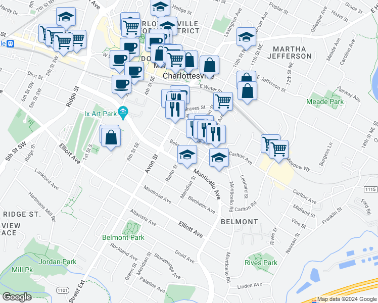 map of restaurants, bars, coffee shops, grocery stores, and more near Belmont Avenue in Charlottesville