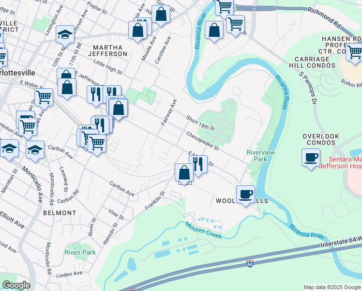 map of restaurants, bars, coffee shops, grocery stores, and more near 1603 East Market Street in Charlottesville
