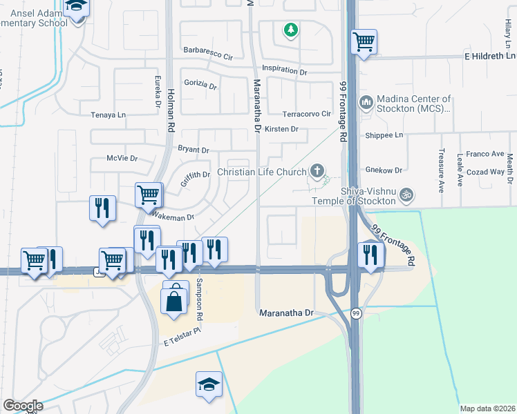 map of restaurants, bars, coffee shops, grocery stores, and more near Maranatha Drive in Stockton