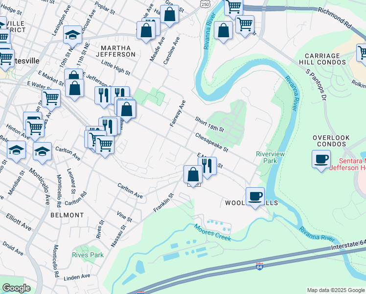 map of restaurants, bars, coffee shops, grocery stores, and more near 1518 East Market Street in Charlottesville