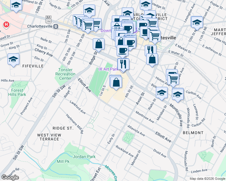 map of restaurants, bars, coffee shops, grocery stores, and more near 925 2nd Street Southeast in Charlottesville