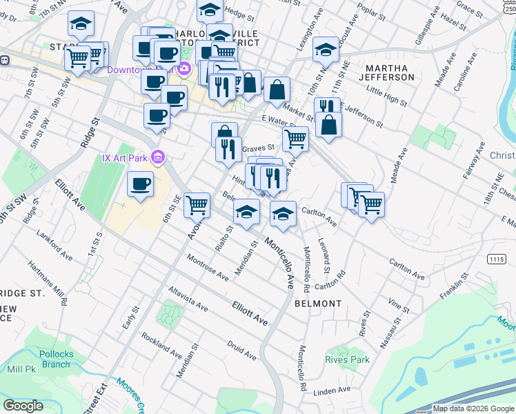 map of restaurants, bars, coffee shops, grocery stores, and more near 100 Monticello Avenue in Charlottesville