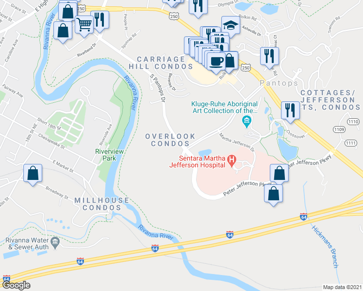 map of restaurants, bars, coffee shops, grocery stores, and more near 386 South Pantops Drive in Charlottesville