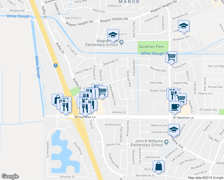map of restaurants, bars, coffee shops, grocery stores, and more near 3048 Raleigh Drive in Stockton