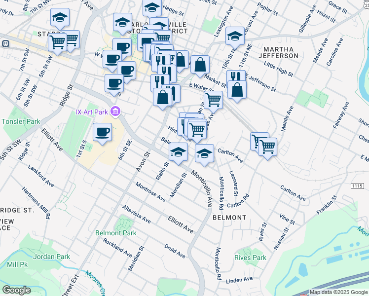 map of restaurants, bars, coffee shops, grocery stores, and more near 813 Belmont Avenue in Charlottesville