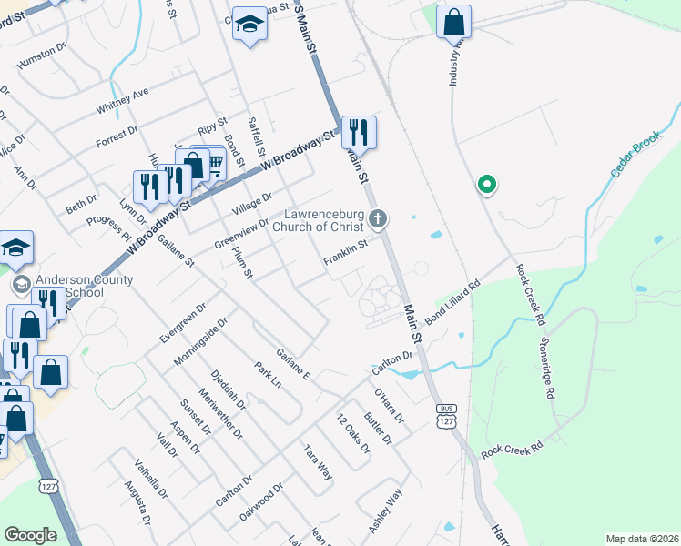 map of restaurants, bars, coffee shops, grocery stores, and more near 114 Franklin Street in Lawrenceburg