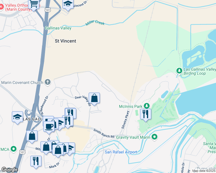 map of restaurants, bars, coffee shops, grocery stores, and more near 200 North Avenue in San Rafael