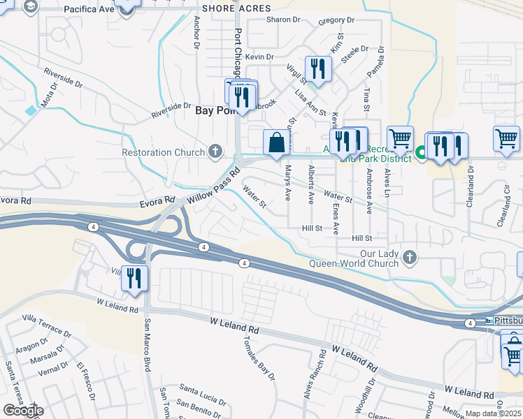 map of restaurants, bars, coffee shops, grocery stores, and more near 75 Water Street in Bay Point
