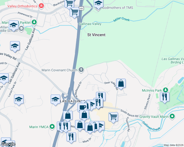 map of restaurants, bars, coffee shops, grocery stores, and more near 100 Deer Valley Road in San Rafael