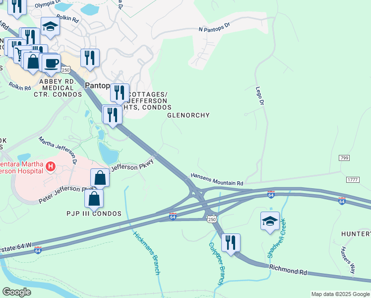 map of restaurants, bars, coffee shops, grocery stores, and more near 105 East Haven Court in Charlottesville