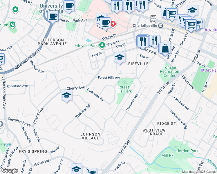 map of restaurants, bars, coffee shops, grocery stores, and more near 1041-1101 Forest Hills Avenue in Charlottesville