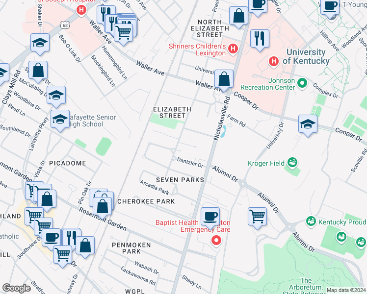 map of restaurants, bars, coffee shops, grocery stores, and more near 1546 Elizabeth Street in Lexington