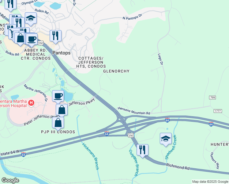 map of restaurants, bars, coffee shops, grocery stores, and more near 105 East Haven Court in Charlottesville