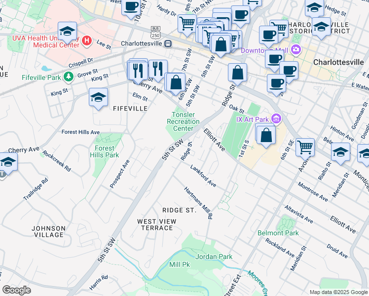 map of restaurants, bars, coffee shops, grocery stores, and more near 701 Ridge Street in Charlottesville