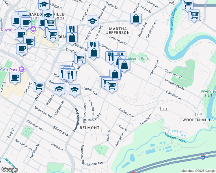 map of restaurants, bars, coffee shops, grocery stores, and more near 221 Carlton Road in Charlottesville