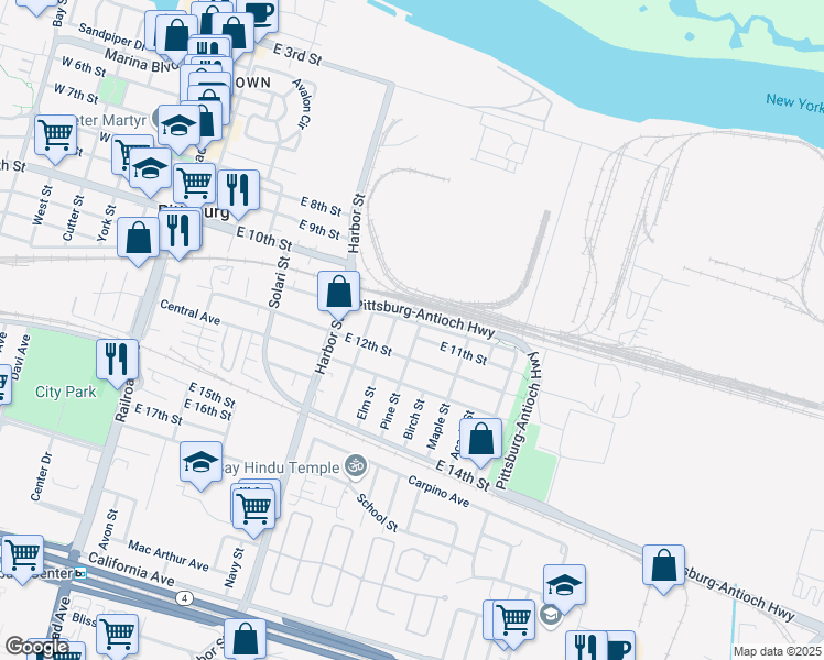 map of restaurants, bars, coffee shops, grocery stores, and more near 1128 Pine Street in Pittsburg