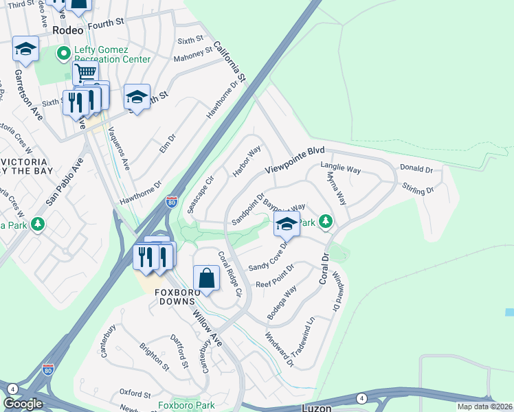 map of restaurants, bars, coffee shops, grocery stores, and more near 956 Sandpoint Drive in Rodeo