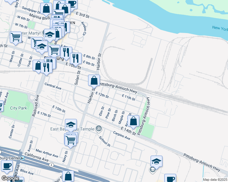 map of restaurants, bars, coffee shops, grocery stores, and more near 1128 Pine Street in Pittsburg