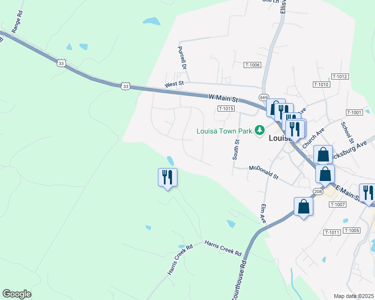 map of restaurants, bars, coffee shops, grocery stores, and more near 207 Apple Orchard Road in Louisa