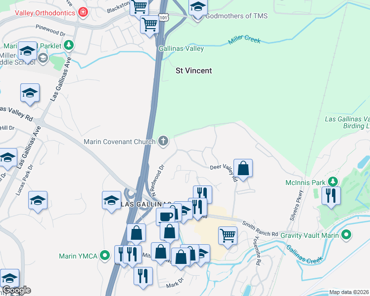 map of restaurants, bars, coffee shops, grocery stores, and more near 100 Deer Valley Road in San Rafael