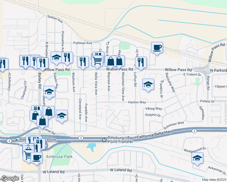 map of restaurants, bars, coffee shops, grocery stores, and more near 69 Bayview Avenue in Bay Point