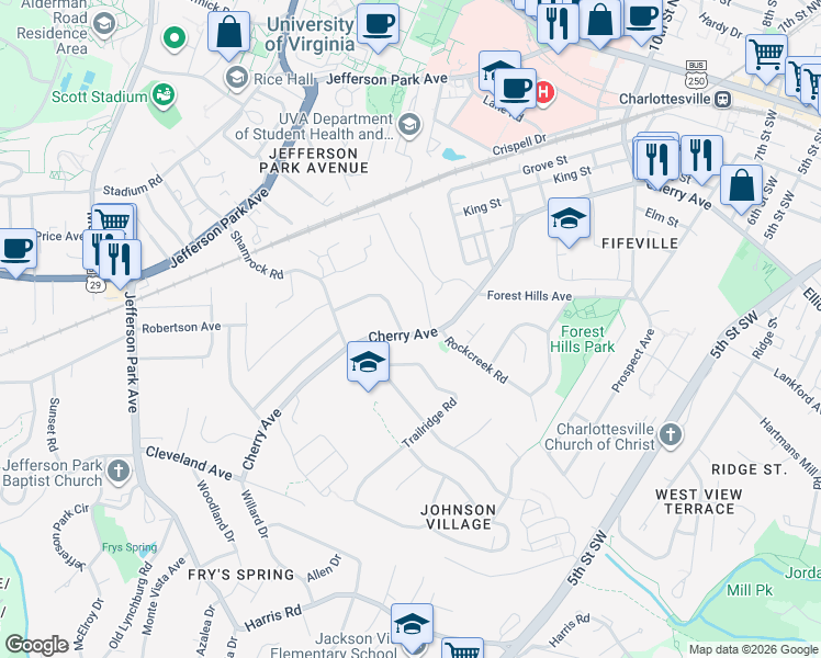 map of restaurants, bars, coffee shops, grocery stores, and more near 505 Valley Road Extension in Charlottesville