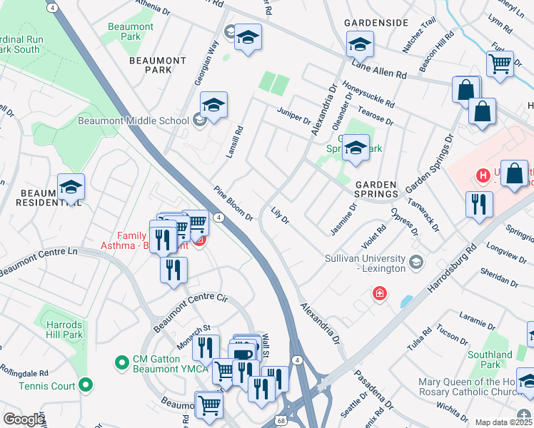 map of restaurants, bars, coffee shops, grocery stores, and more near 2147 Alexandria Drive in Lexington