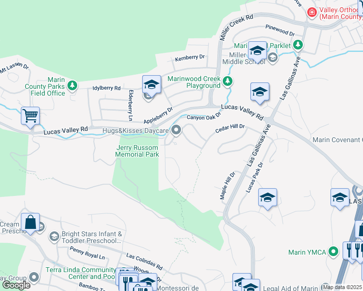 map of restaurants, bars, coffee shops, grocery stores, and more near 11 Oak Tree Court in San Rafael