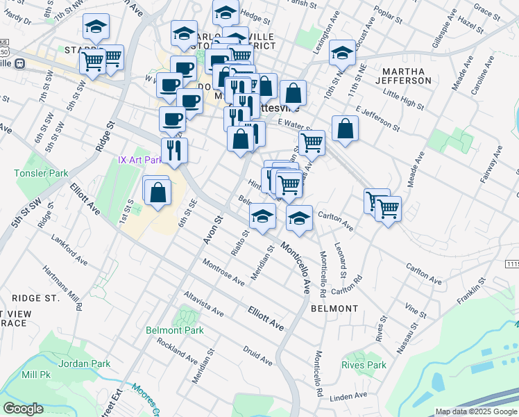 map of restaurants, bars, coffee shops, grocery stores, and more near 798 Belmont Avenue in Charlottesville