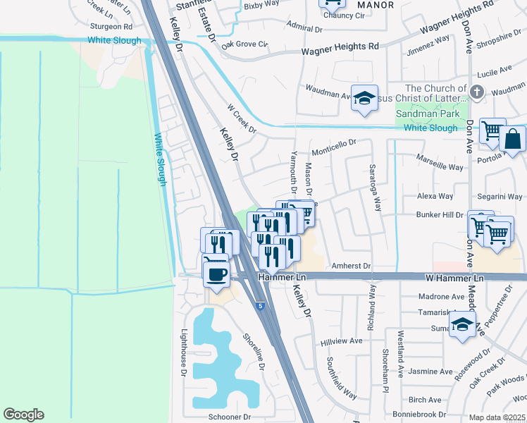 map of restaurants, bars, coffee shops, grocery stores, and more near 3142 Dartmouth Court in Stockton