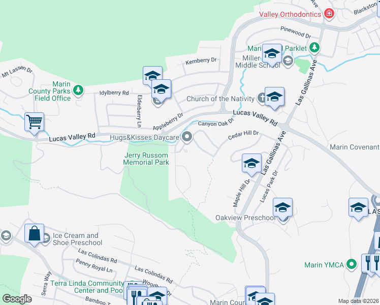map of restaurants, bars, coffee shops, grocery stores, and more near 73 Upper Oak Drive in San Rafael