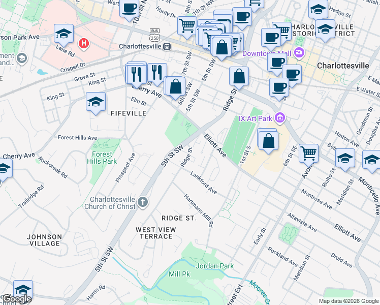 map of restaurants, bars, coffee shops, grocery stores, and more near 5025 Huntly Ridge Street in Charlottesville