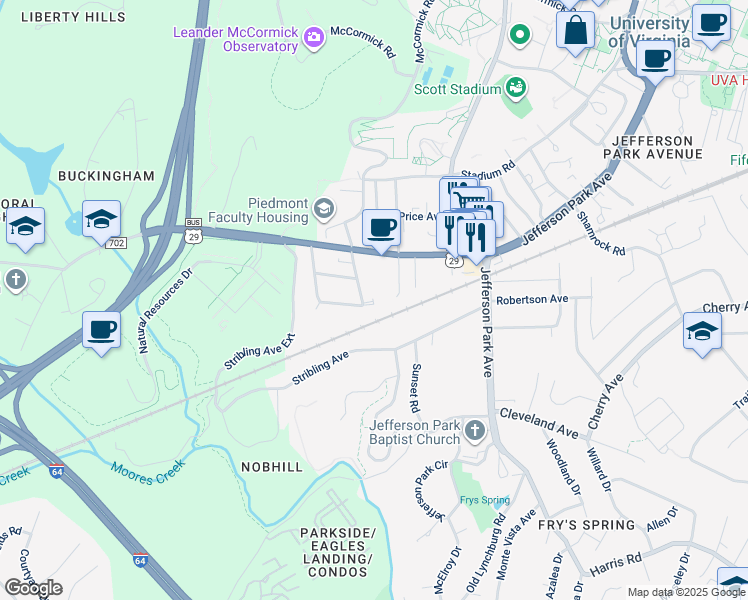 map of restaurants, bars, coffee shops, grocery stores, and more near 2500 Plateau Road in Charlottesville