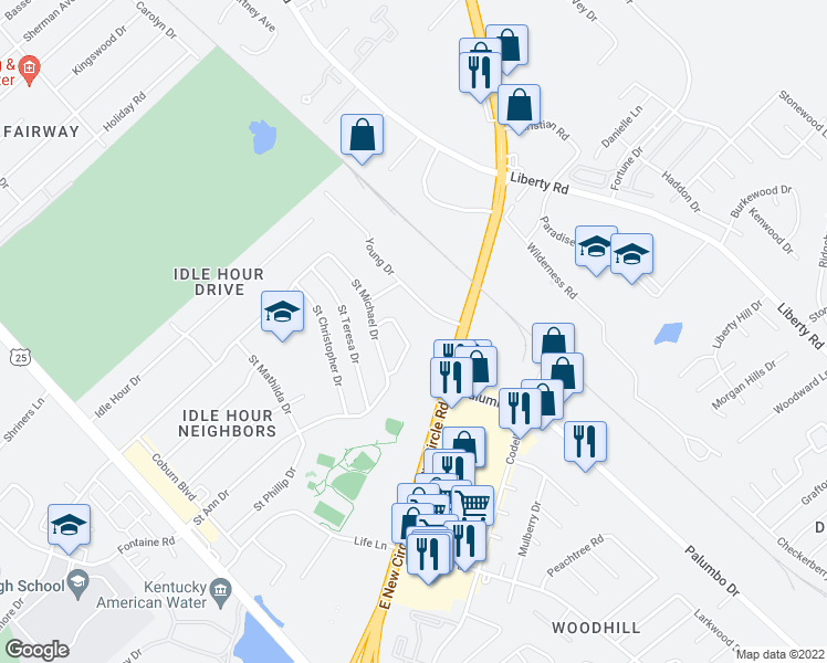 map of restaurants, bars, coffee shops, grocery stores, and more near 2220 Young Drive in Lexington