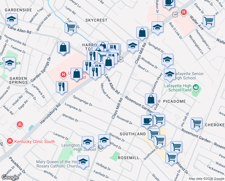 map of restaurants, bars, coffee shops, grocery stores, and more near 618 Lane Allen Road in Lexington