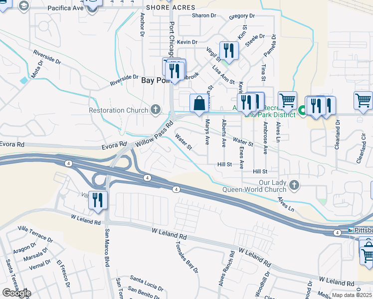 map of restaurants, bars, coffee shops, grocery stores, and more near 80 Water Street in Bay Point