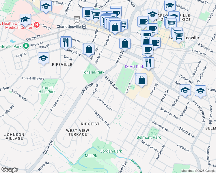 map of restaurants, bars, coffee shops, grocery stores, and more near 107 Burnet Street in Charlottesville