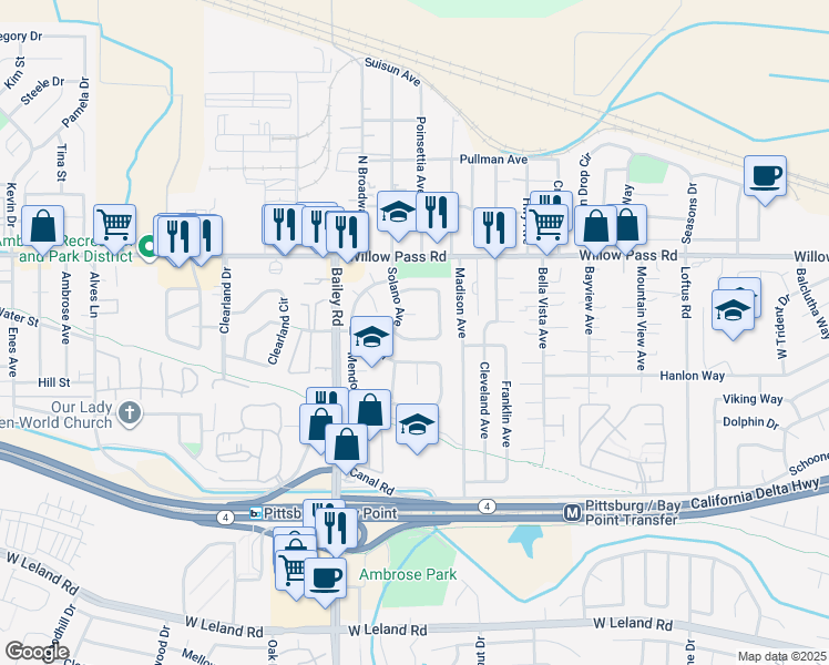 map of restaurants, bars, coffee shops, grocery stores, and more near 1988 Calaveras Drive in Bay Point