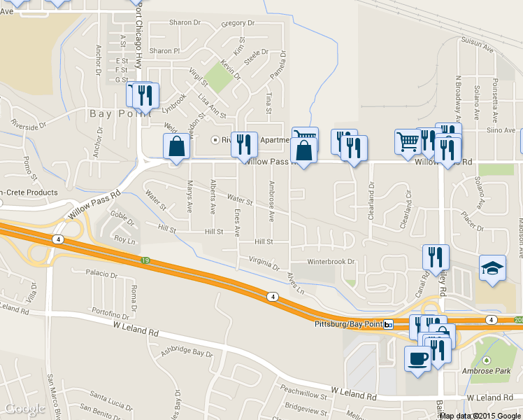 map of restaurants, bars, coffee shops, grocery stores, and more near 95 Marin Avenue in Bay Point