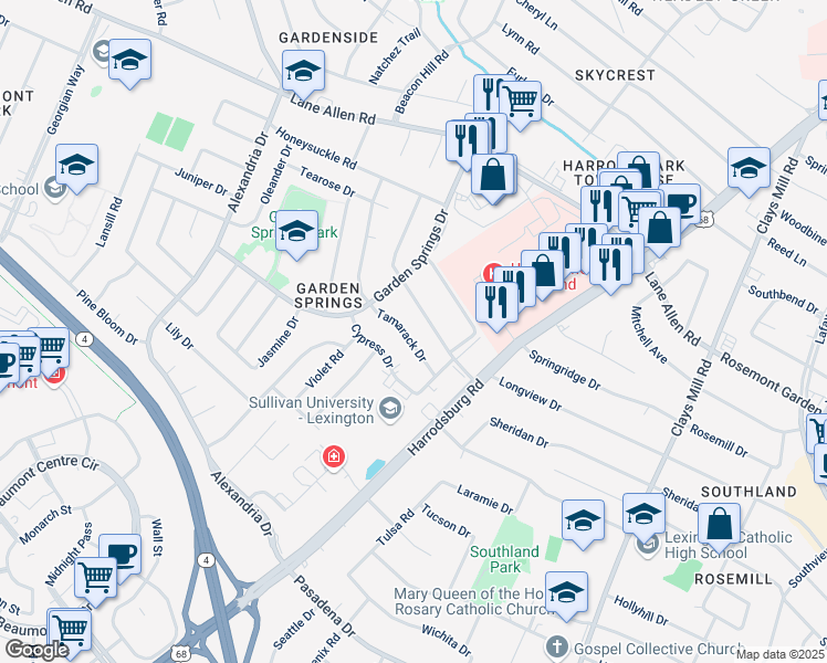 map of restaurants, bars, coffee shops, grocery stores, and more near 2108 Tamarack Drive in Lexington