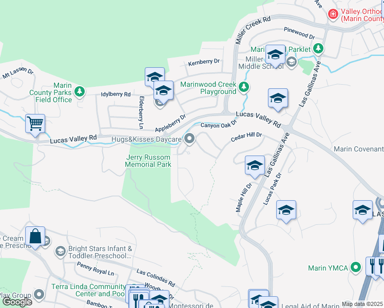 map of restaurants, bars, coffee shops, grocery stores, and more near 11 Oak Tree Court in San Rafael