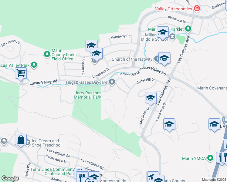 map of restaurants, bars, coffee shops, grocery stores, and more near 11 Oak Tree Court in San Rafael