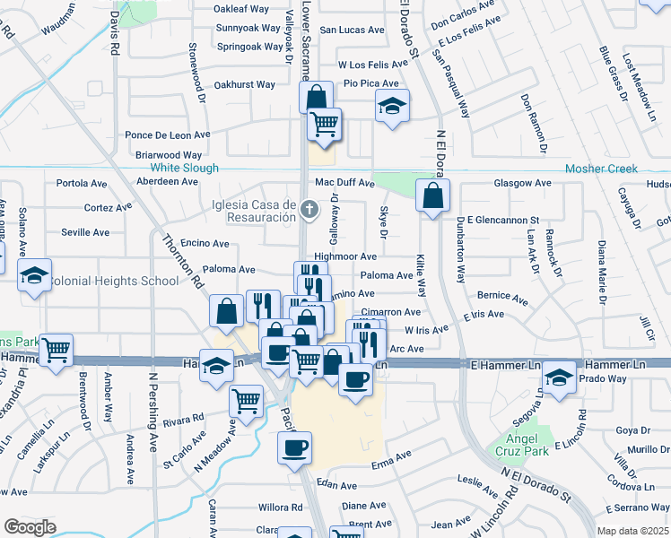 map of restaurants, bars, coffee shops, grocery stores, and more near 732 Highmoor Avenue in Stockton