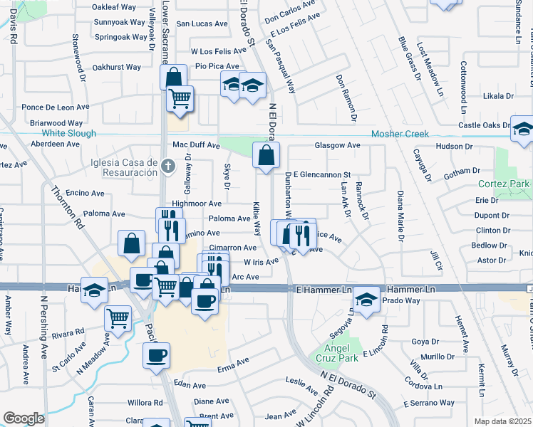 map of restaurants, bars, coffee shops, grocery stores, and more near 8302 Kiltie Way in Stockton