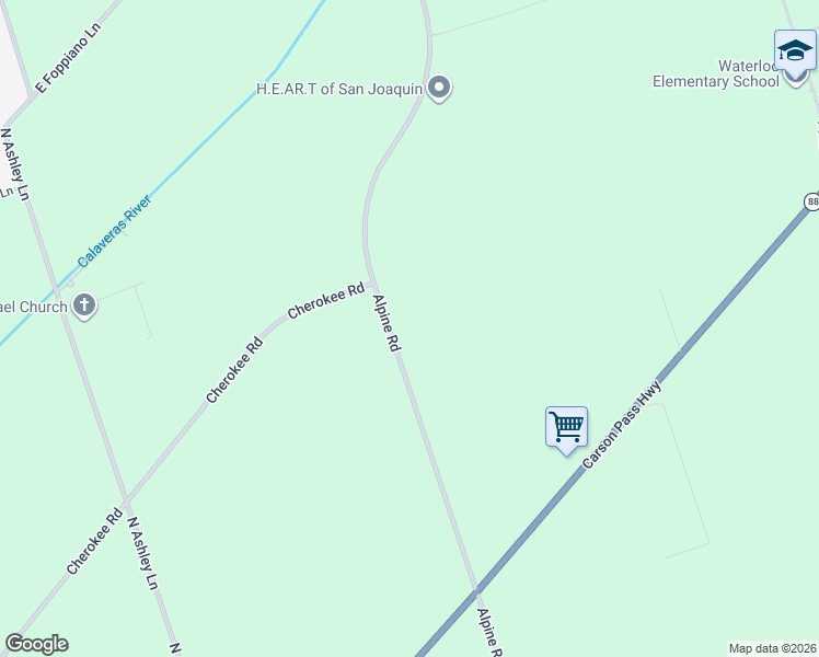 map of restaurants, bars, coffee shops, grocery stores, and more near 5704 Alpine Road in Stockton