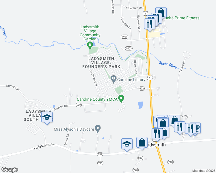 map of restaurants, bars, coffee shops, grocery stores, and more near 7151 Residents Square Mews in Ruther Glen