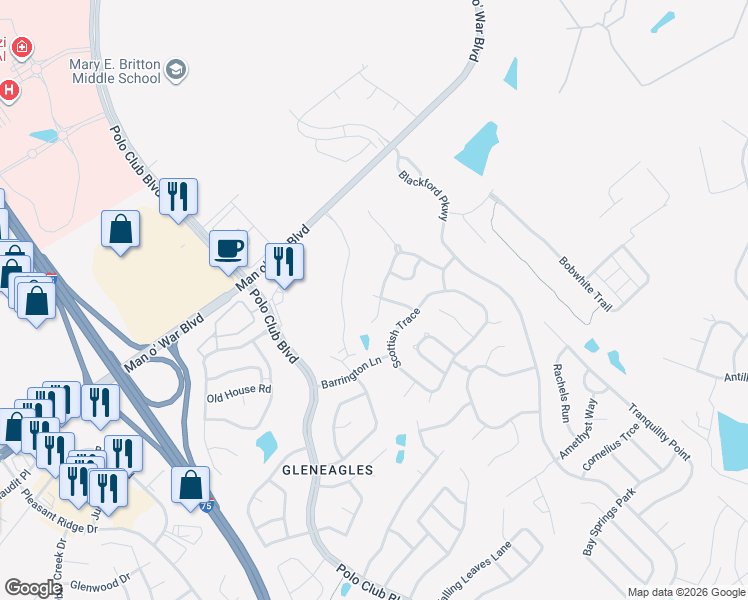 map of restaurants, bars, coffee shops, grocery stores, and more near 2889 Mahala Lane in Lexington
