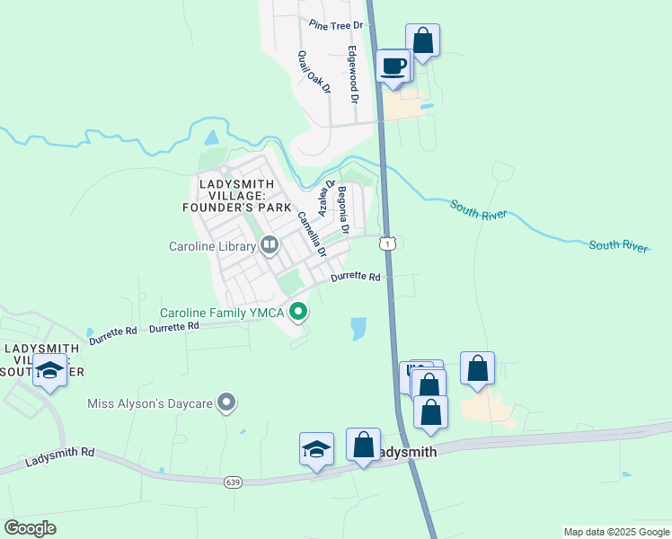 map of restaurants, bars, coffee shops, grocery stores, and more near 17315 Camellia Drive in Ruther Glen
