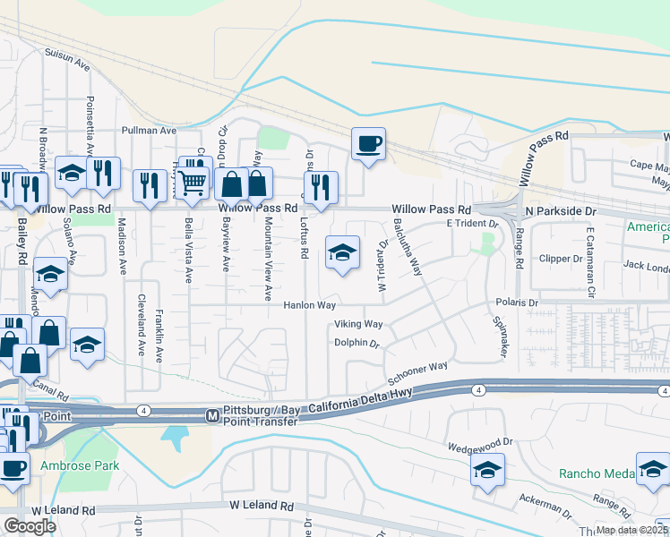 map of restaurants, bars, coffee shops, grocery stores, and more near 1880 Hanlon Way in Bay Point